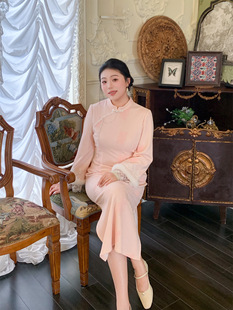 粉色新中式旗袍秋冬款大码胖MM孕妇麂皮敬酒服新娘冬季订婚礼服裙