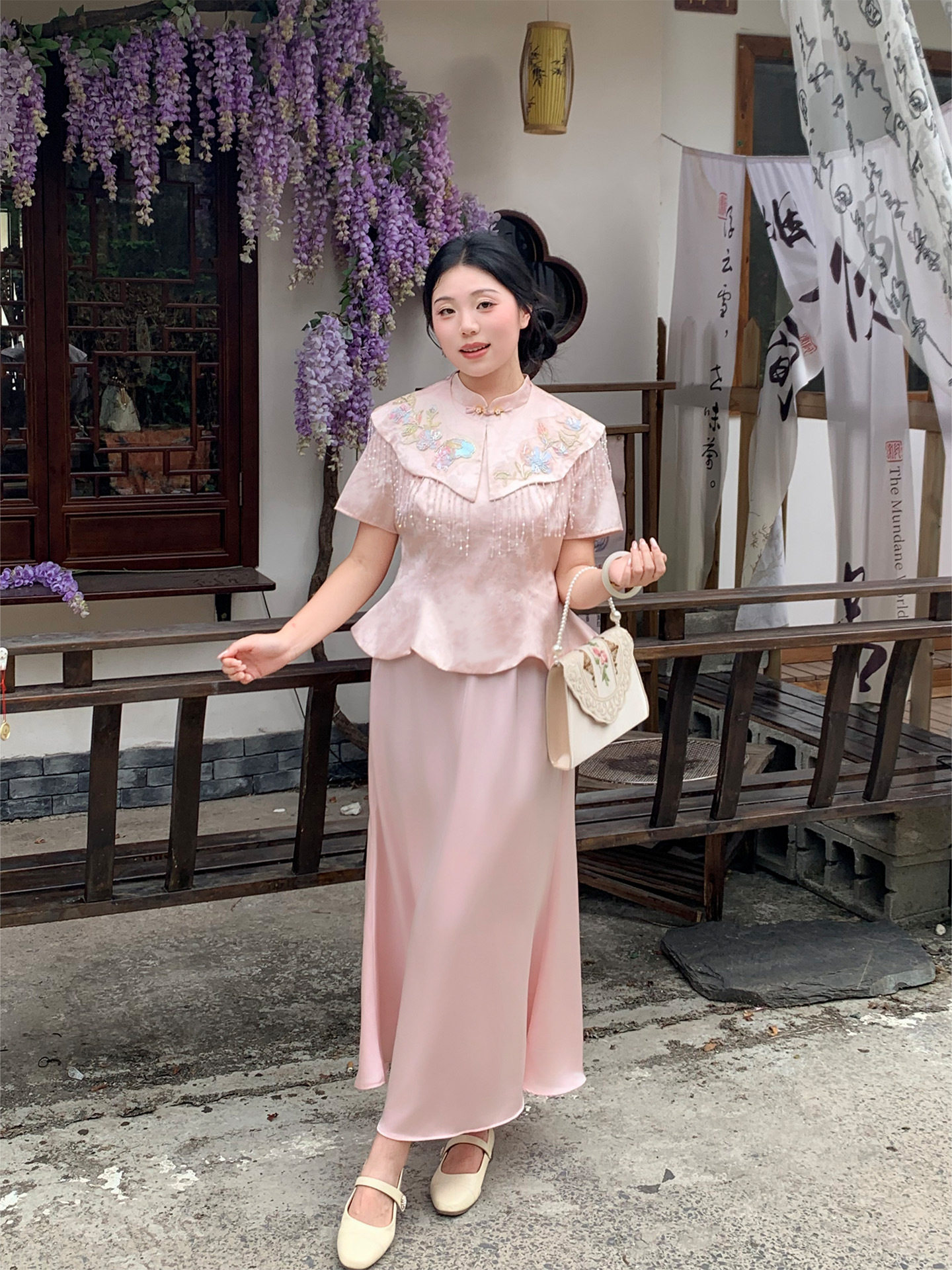 刺绣网纱披肩外搭两件套女裙连衣裙大码胖MM孕妇敬酒服订婚宴新娘