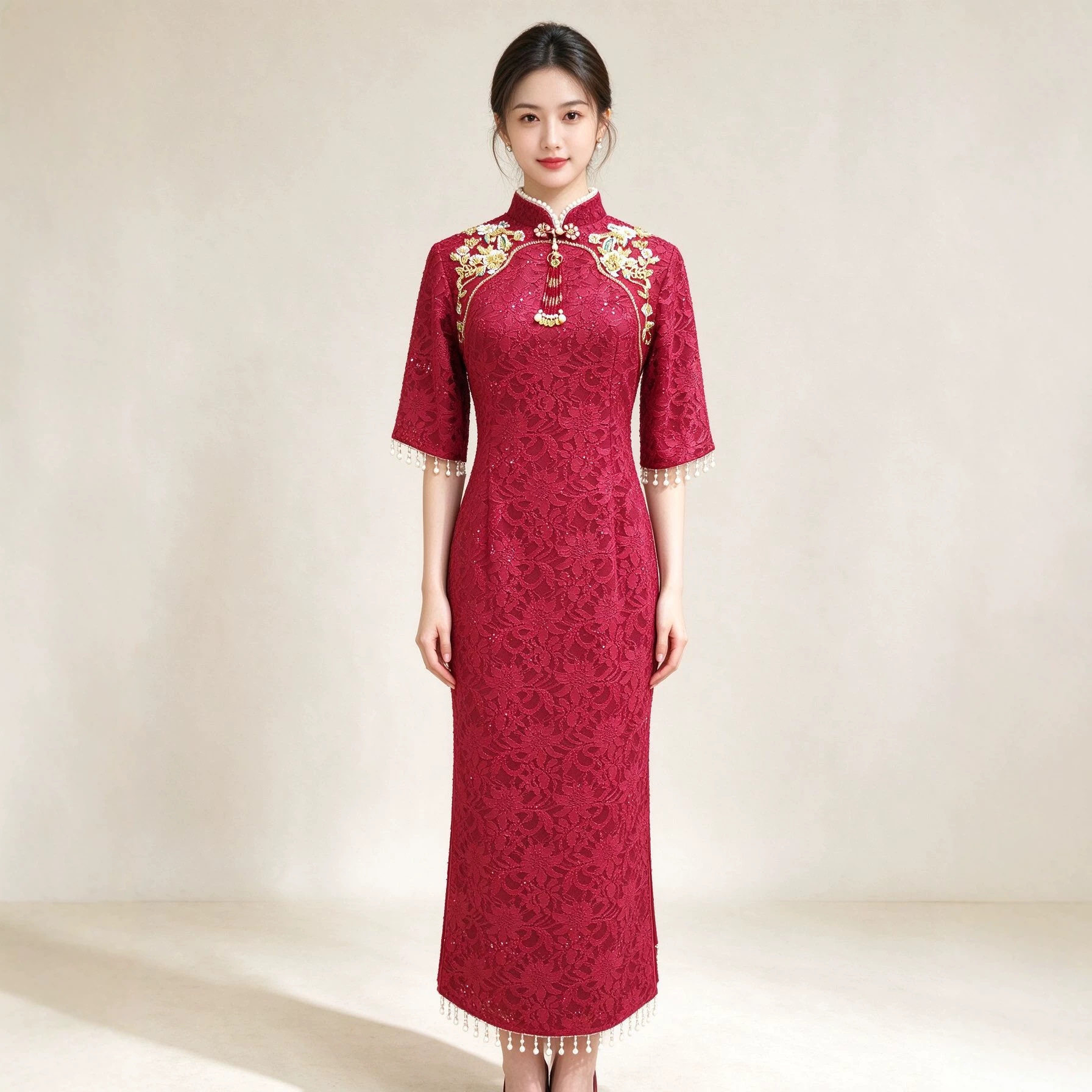 2026新款旗袍敬酒服新娘小个子订婚礼服裙酒红色中式结婚长袖高级