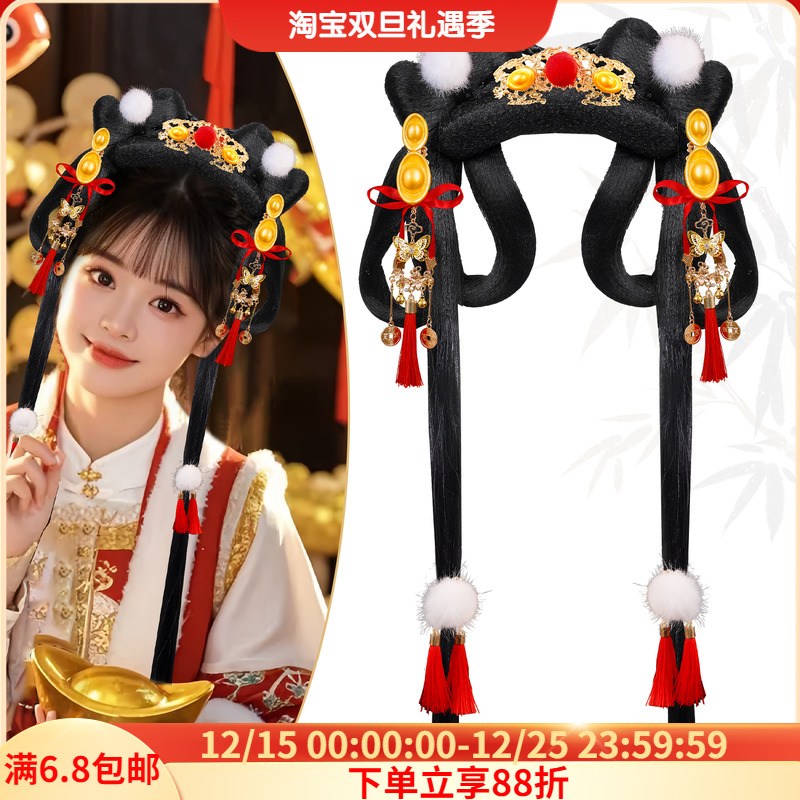 新年喜庆红色发饰假发组合