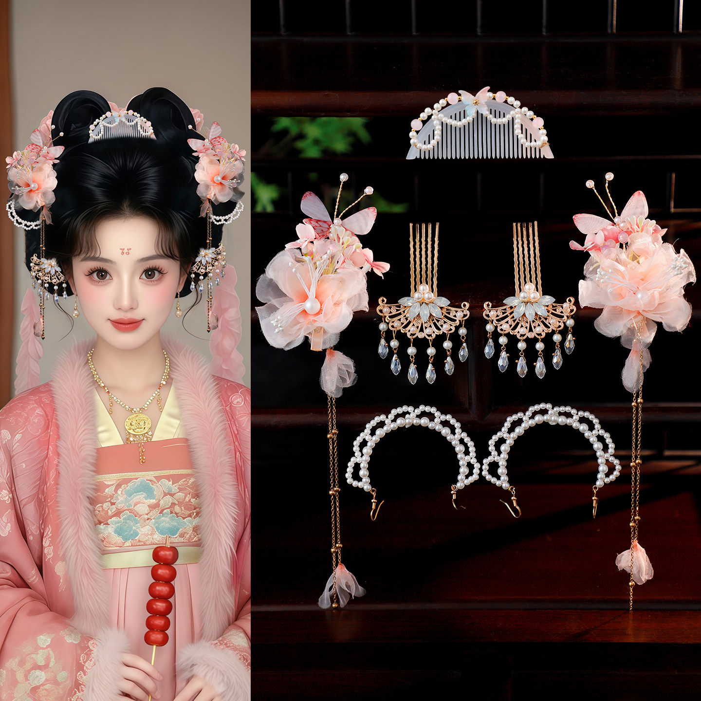 汉服发饰粉色花朵流苏套装唐风齐胸襦裙配饰古风写真拍照全套饰品