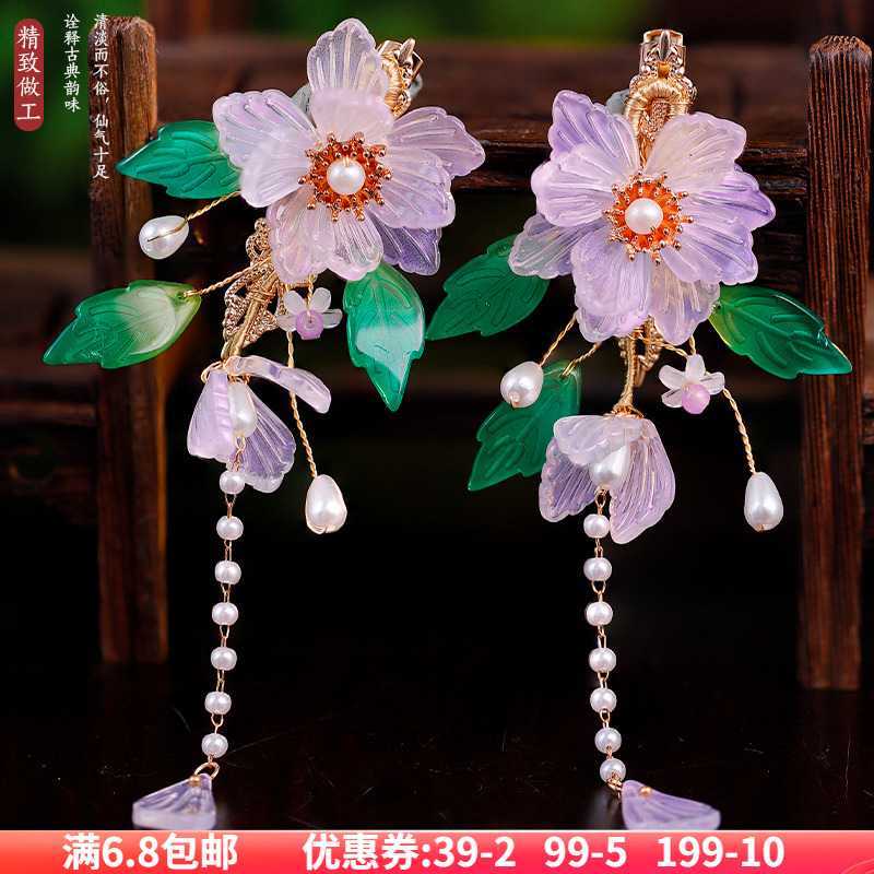 复古可爱粉色发夹琉璃汉服头饰夹边花朵古风发饰清新古装新鲜少女