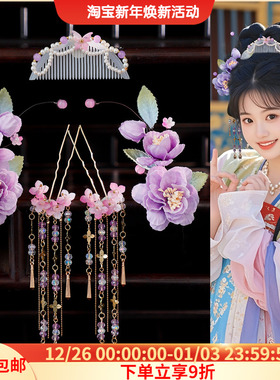 古风紫色绒花发夹汉服优雅气质发饰唐风长流苏发钗步摇配饰组合