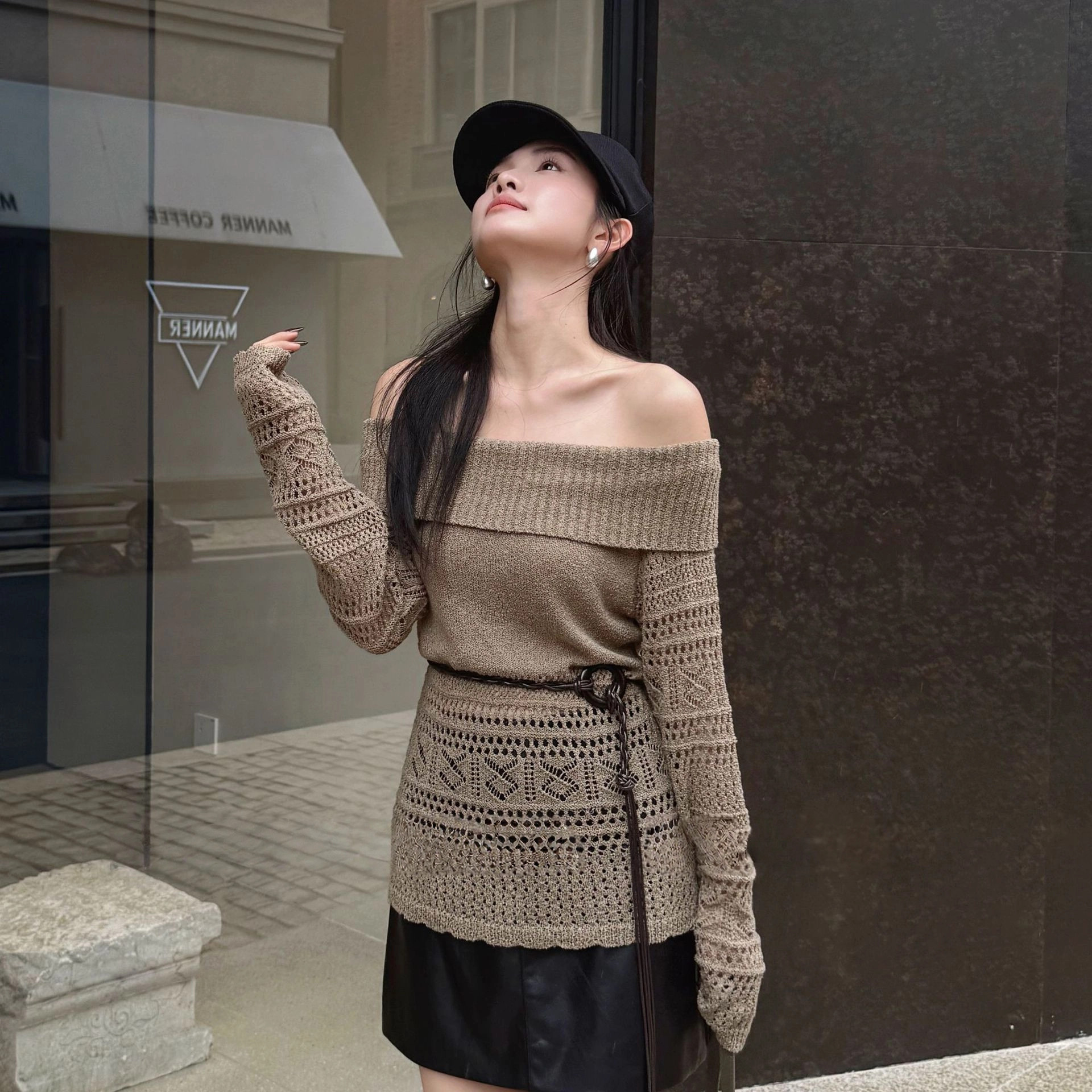LS美拉德钩花长袖针织衫一字肩针织T恤2025秋季新款上衣女装小衫