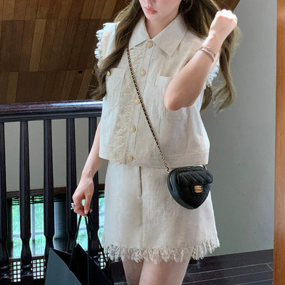 小香风亚麻蕾丝拼接无袖上衣女短裙套装时尚高级感设计正装时装女