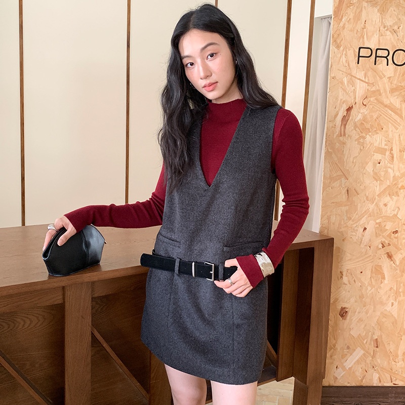 FONE深V领连衣裙真丝羊毛加厚毛呢背心裙复古叠穿无袖短裙配腰带