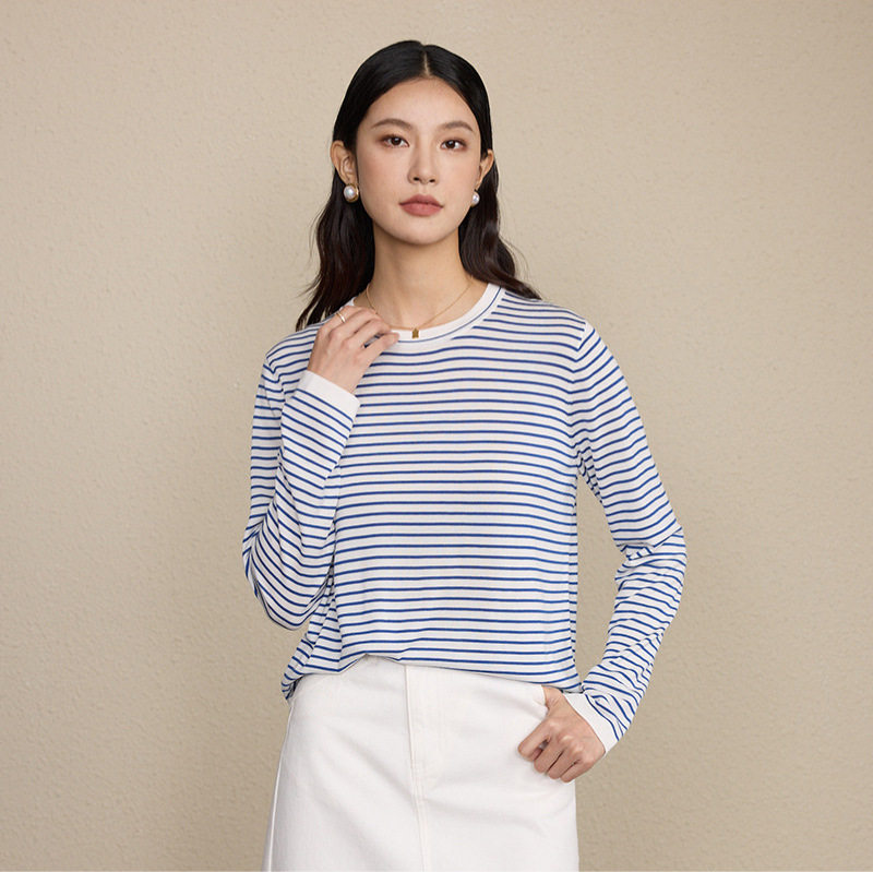 超细天丝羊毛毛衣女条纹针织衫圆领长袖T恤内穿外穿百搭宽松上衣