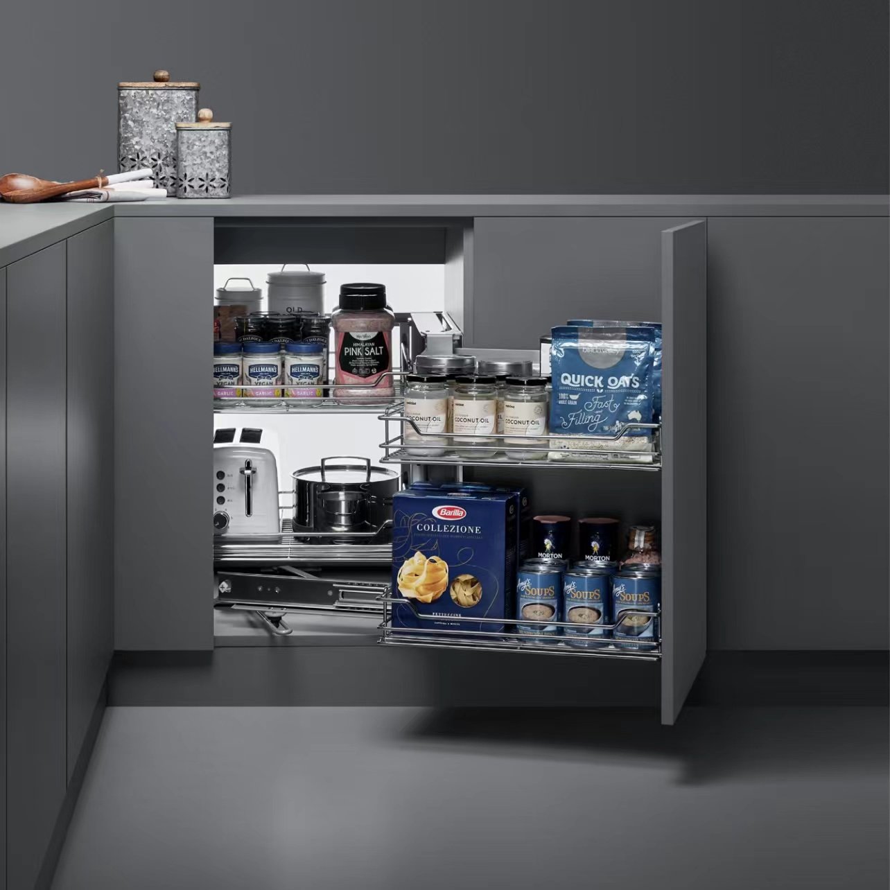 库博厨房橱柜线形缓冲转角小怪物拉篮柜内收纳置物架左右开门