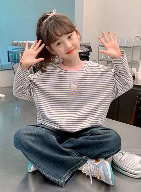 【CC家居控】女童新款春秋长袖洋气宽松条纹圆领韩版长T恤Q12610