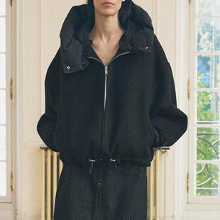 女装拼接双面飞行员夹克外套女连帽可拆卸休闲羊毛混纺呢子大衣潮