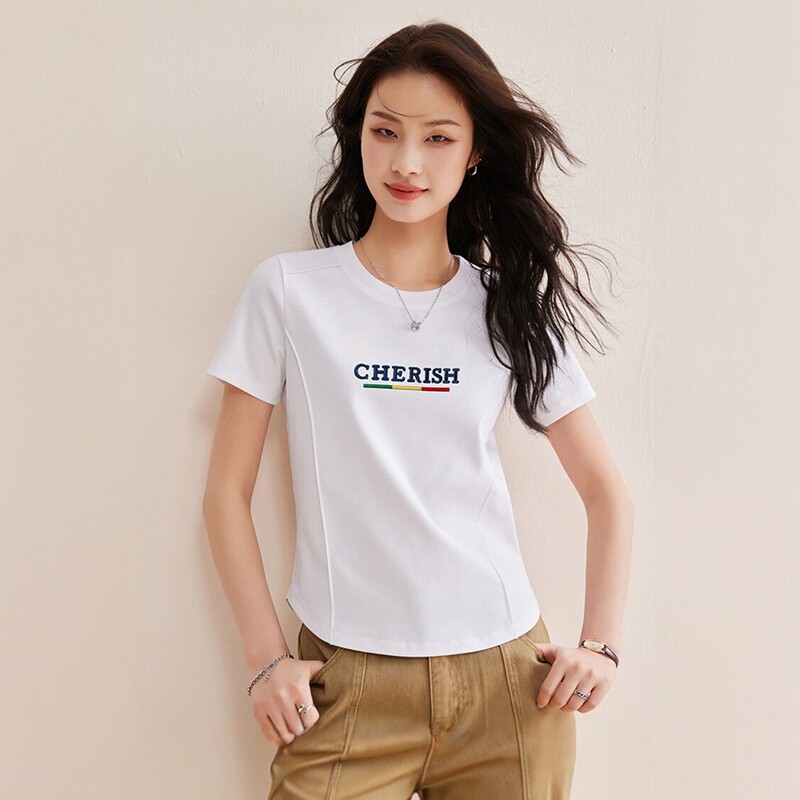 刺绣丝光棉短袖t恤女专柜同款别致鱼骨圆领修身显瘦设计感上衣