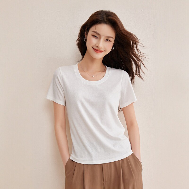 老钱风亚麻天丝短袖t恤女专柜同款U领修身收背线设计感上衣