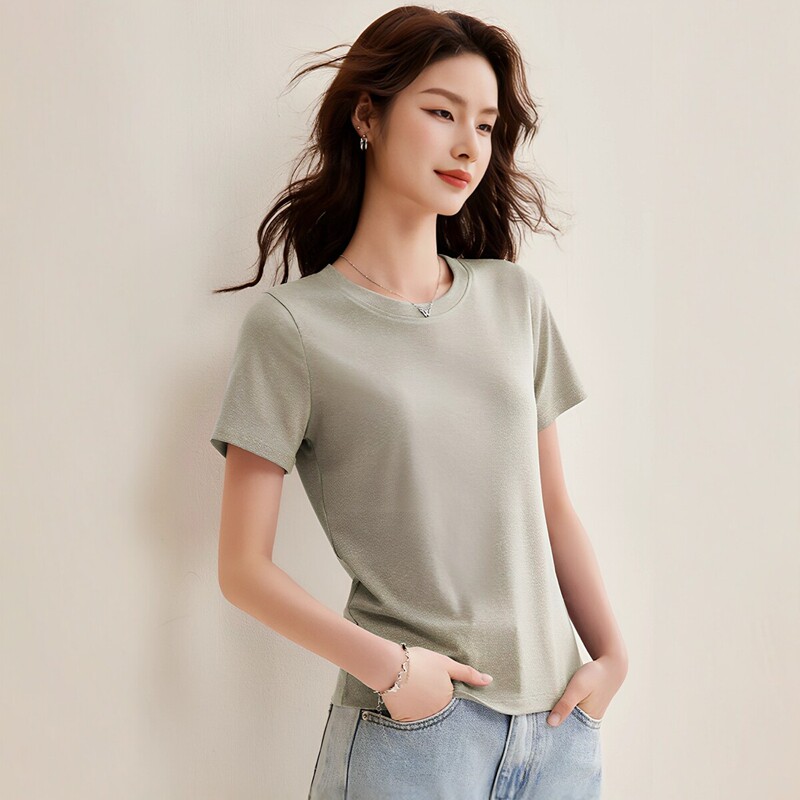 老钱风亚麻天丝短袖t恤女专柜同款纯色圆领修身百搭时尚夏季上衣