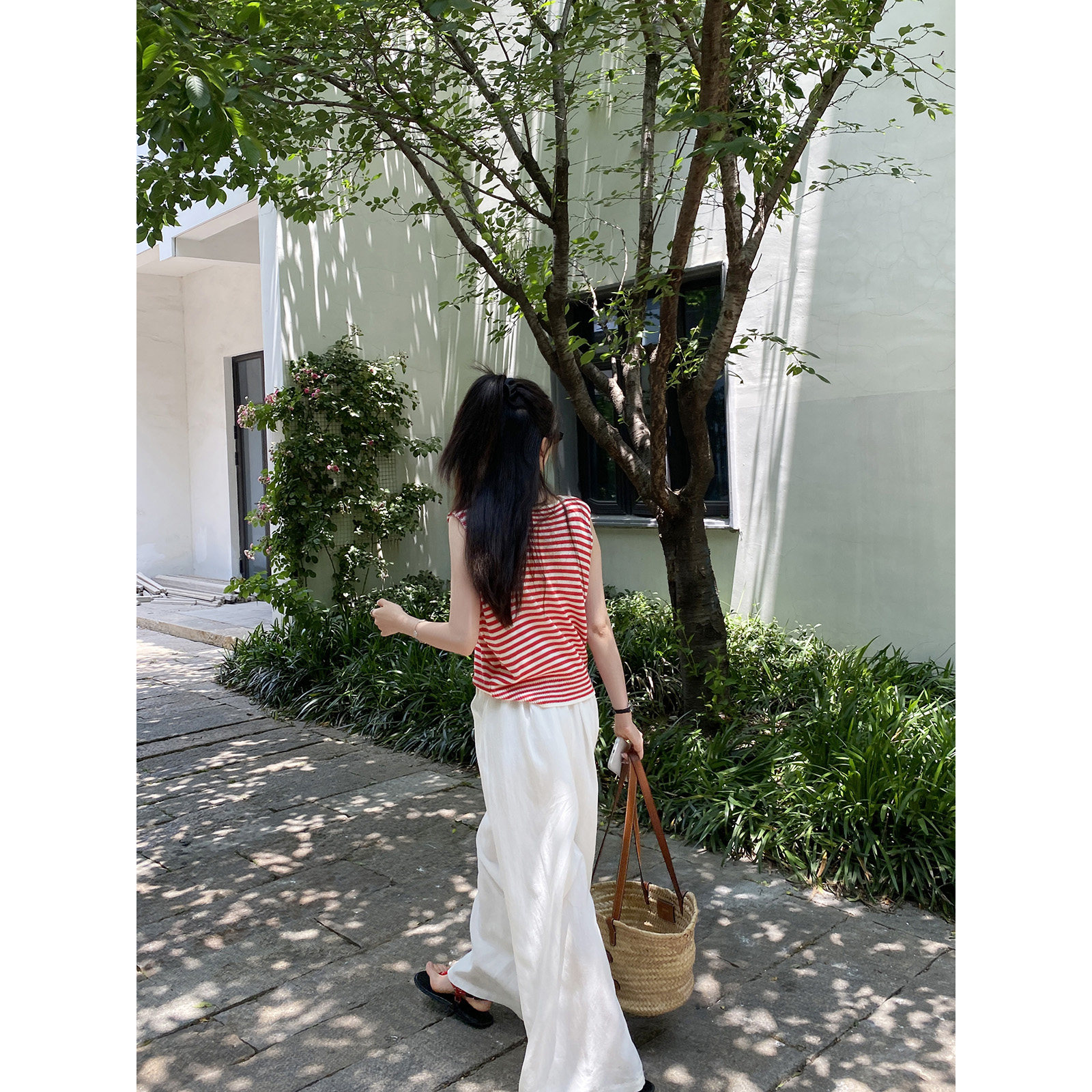 美己己 天丝亚麻气质条纹针织T恤衫夏剪刀领设计百搭无袖背心上衣