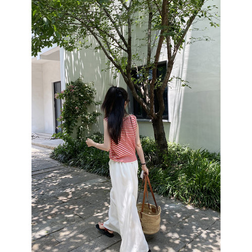 美己己 天丝亚麻气质条纹针织T恤衫夏剪刀领设计百搭无袖背心上衣