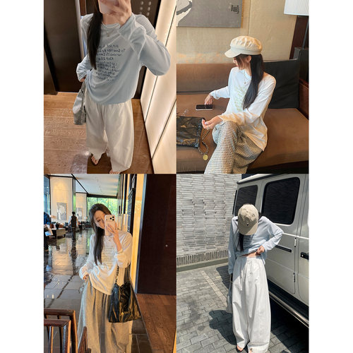 美己己 慵懒风字母印花防晒罩衫女松弛淡人感宽松百搭长袖T恤上衣