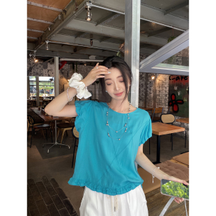 荷叶袖 夏季 美己己 设计感纯色T恤衫 新款 百搭气质圆领上衣甜美小衫