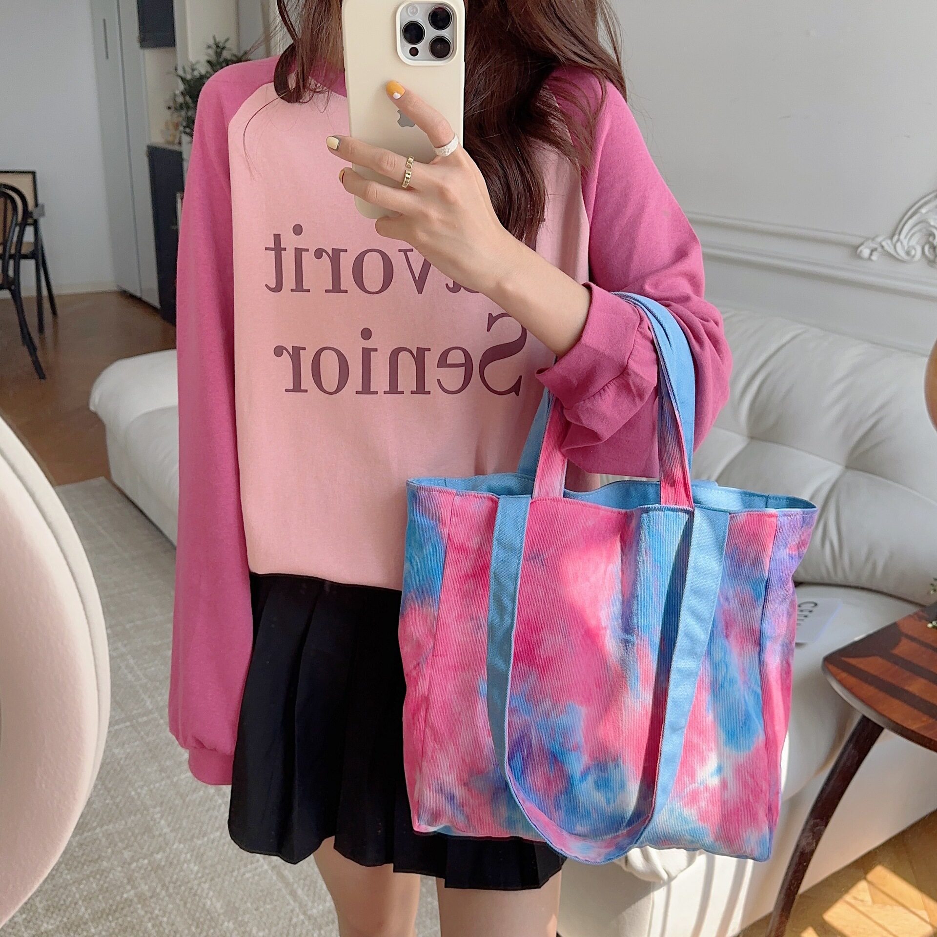 有趣琳 帆布包女新扎染灯芯绒纯色双面单肩学生书包大容量两用