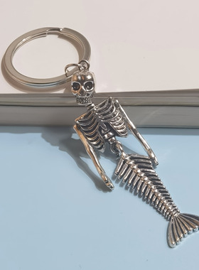 骷髅头美人鱼钥匙扣万圣节海盗挂件金属礼物个性另外创意暗黑哥特
