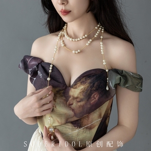 NANA同款破碎珍珠项链锁骨链立体星球不规则长项链多层毛衣链网红