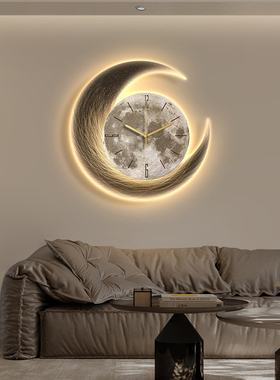 现代轻奢客厅挂钟餐厅月球装饰画时钟挂画创意床头画钟表挂墙壁画