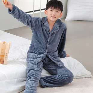 儿童睡衣秋冬男童法兰绒加厚套装12岁男孩初中生珊瑚绒家居服男生