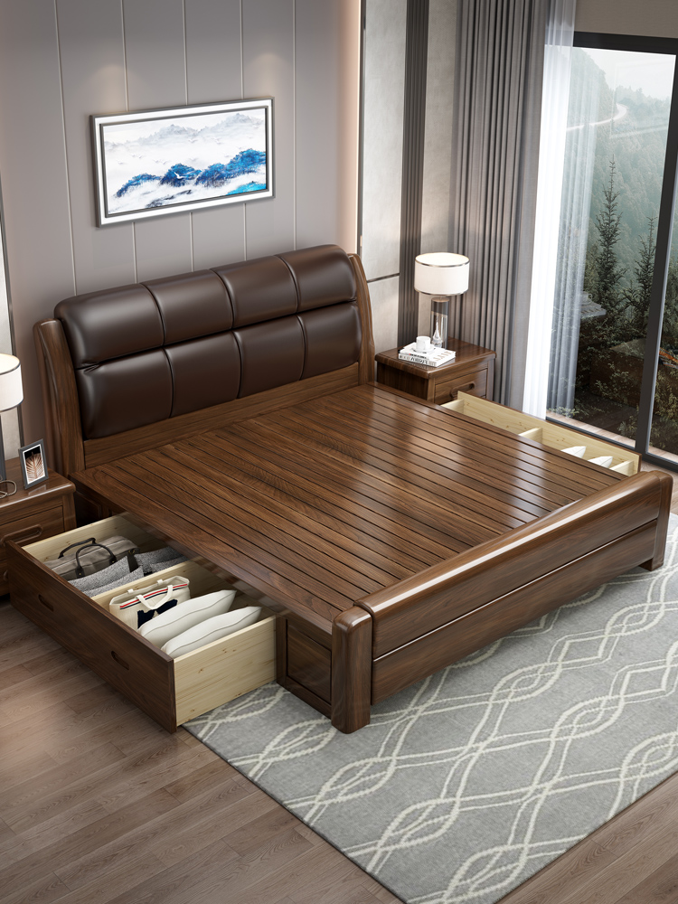 Golden walnut solid wood bed Double bed 1 8 meters 1 5 modern Chinese master bedroom wedding bed Household leather soft bed
