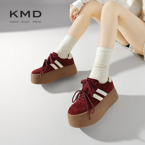 KMD 厚底板鞋女2026春季新款百搭运动休闲鞋轻便增高德训鞋酒红色