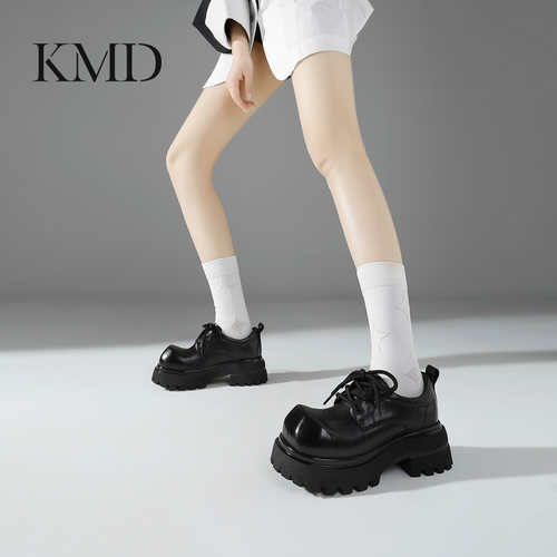 KMD真皮松糕厚底小皮鞋女英伦风圆头德比鞋小个子增高乐福鞋单鞋