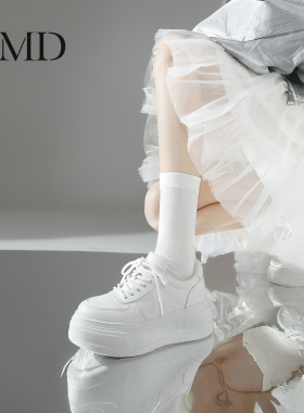 KMD真皮厚底松糕爆款小白鞋女2025秋新款欧洲站增高白色运动板鞋