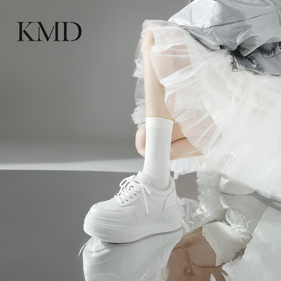 KMD真皮厚底松糕爆款小白鞋女2025秋新款欧洲站增高白色运动板鞋