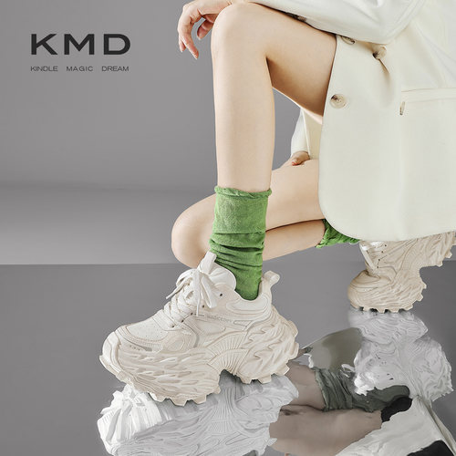 KMD 女鞋真皮厚底老爹鞋女轮胎底增高运动休闲鞋运动鞋2026年圆头