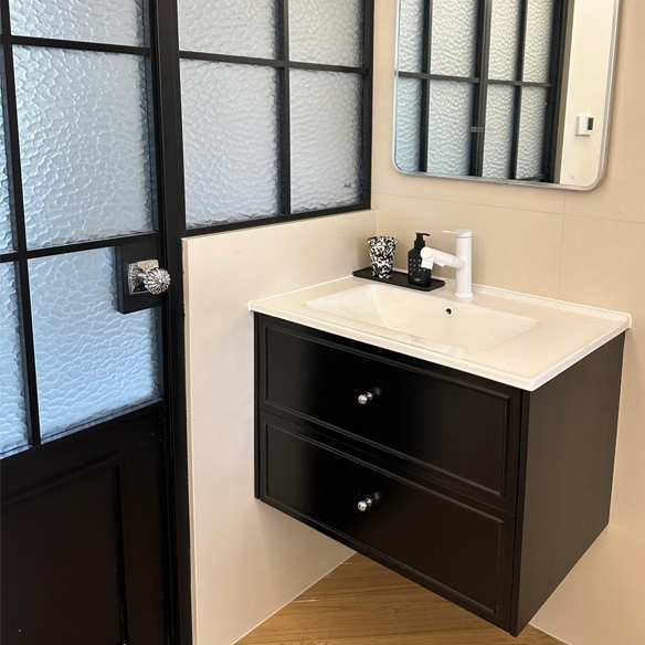 法式复古浴室柜组合橡木黑色烤漆洗手盆柜一体陶瓷盆洗漱台纯实木