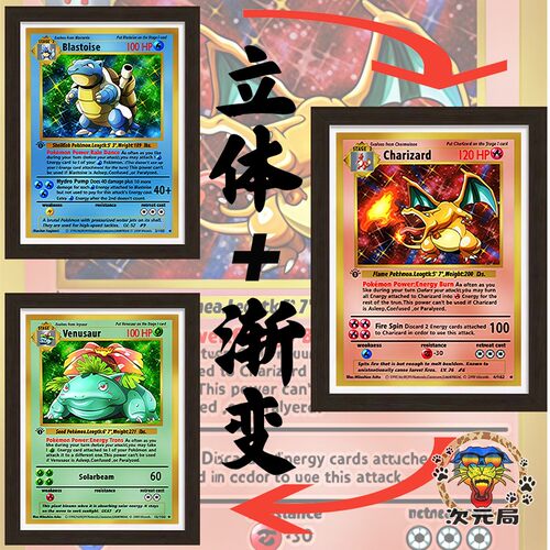 PTGC代御三家宝可梦裸眼3D渐变画妙蛙花 喷火龙 水箭龟卡牌实木框
