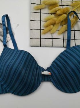 满80免邮欧美名品性感舒适条纹内衣女大尺码胖MM文胸墨绿色85BC