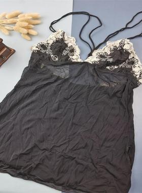 38/40全透明缕空网纱性感吊带短睡裙深V露背黑色刺绣睡衣外贸欧美