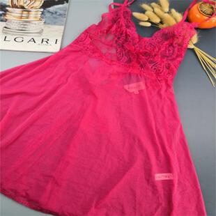 全透明缕空蕾丝吊带超短睡裙 樱桃红性感火辣家居睡衣M码