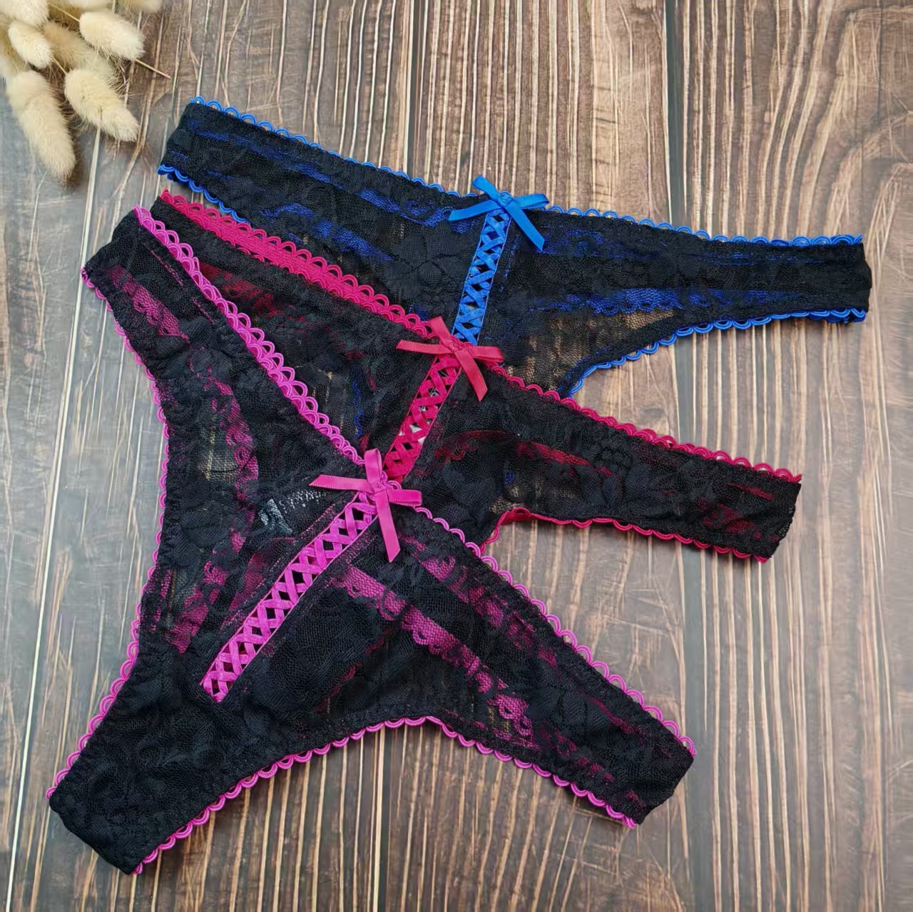 S-XL外贸镂空蕾丝黑色花边性感低腰丁字裤女式透视欧美内裤T裤