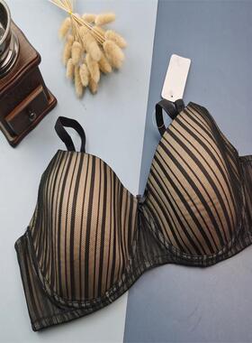85D大罩杯大胸MM内衣黑色暗条纹光面薄海棉垫欧美外贸文胸