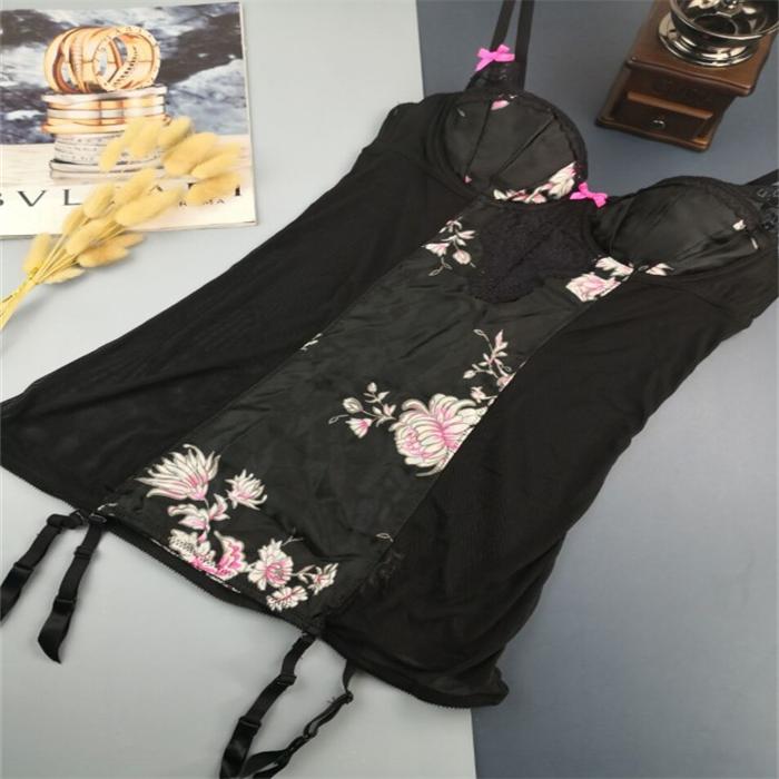 色丁印花文胸超短带钢托家居睡衣