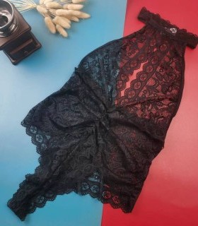 M码全透明镂空深V黑色蕾丝T裤连体衣性感露背家居睡眠小夜衣