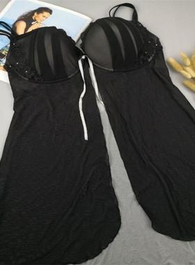 90D外贸欧美透视薄纱睡衣 大尺码胖MM性感吊带蕾丝睡裙 黑色低V