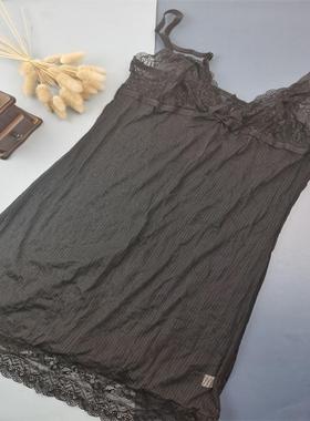 S码M码欧美全透明缕空黑色蕾丝超薄性感吊带睡裙深V中短睡衣