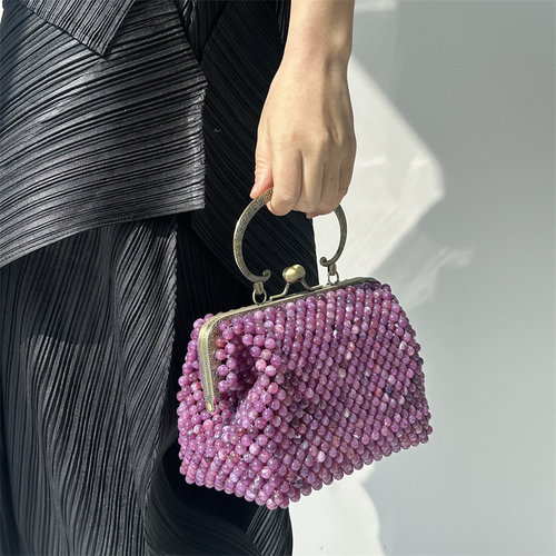 【CILI CLUTCH 】VINTAGE 高级紫复古口金串珠方盒枕形手提旗袍包
