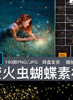 199款彩色萤火虫荧光蝴蝶JPG叠加金绿色免抠透明PNG星光粒子素材