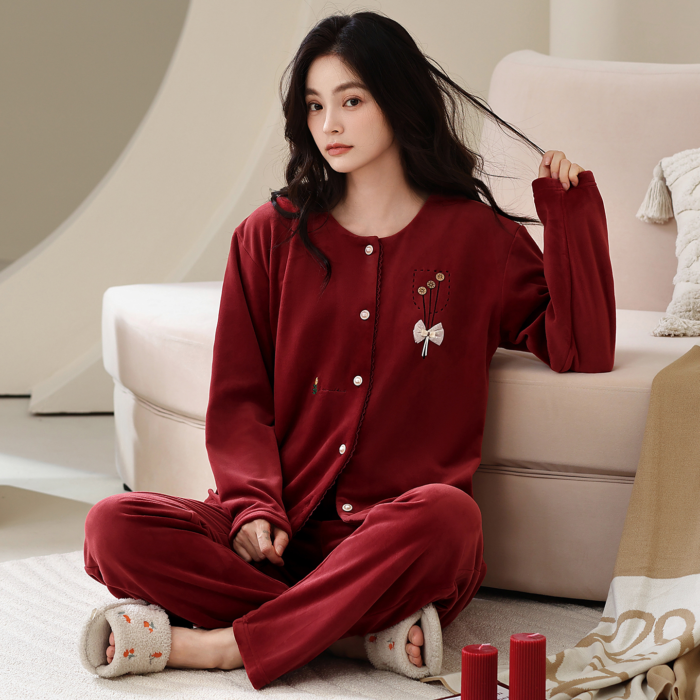 高档消光海岛绒睡衣女秋冬季天鹅绒加厚保暖圆领开衫家居服套装