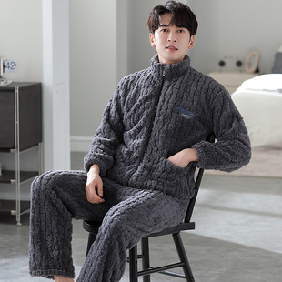 秋冬季加厚法兰绒立领拉链款男式睡衣保暖冬季珊瑚绒家居服男套装