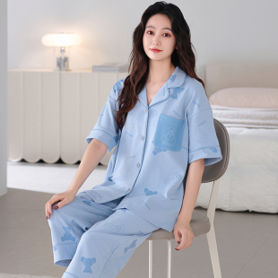 薄款纯棉睡衣女士夏季短袖七分裤系扣套装中老年夏天家居服加大码