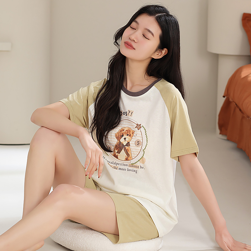高档雪花棉睡衣女款夏季短袖短裤套装纯棉质宽松可爱套头家居服