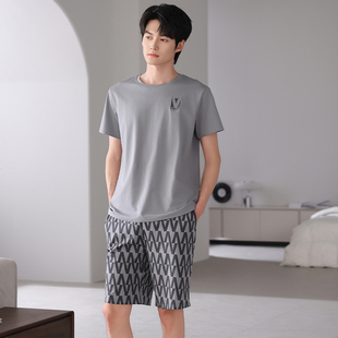 睡衣夏季 家居服套装 纯棉短袖 圆领简约可外穿薄款 短裤 全棉套头男士